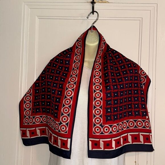 Vtg mid century red, white & blue polyester scarf/floral & geometric pattern - Picture 1 of 8